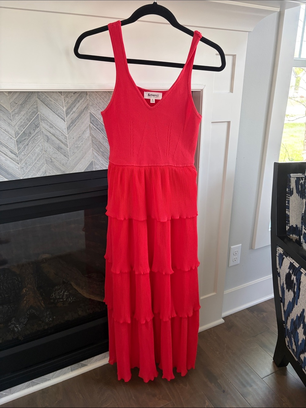 Social Threads | &merci Pleated Tiered Midi Dress in Red Orange S NWOT